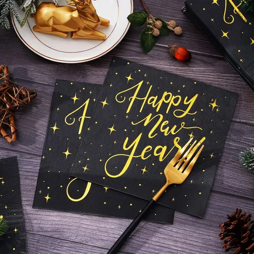 Miniatura 4 de Waline - 80 servilletas de papel desechables de papel de Año Nuevo, color negro y dorado, servilletas de cena para Nochevieja, suministros de fiesta