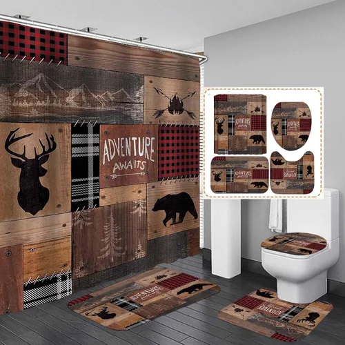 Juego de 4 cortinas de ducha de cabaña, retazos a cuadros rojos y negros, fogata, alce, ciervo, cuernos, vida silvestre, vida silvestre, vintage,