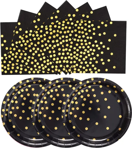 Black Gold Paper Plates and Napkins-100 PCS-50 x 7''Dessert Plates & 50 x 6.5''Napkins,Gold Dots Paper Plate Party Supplies,for