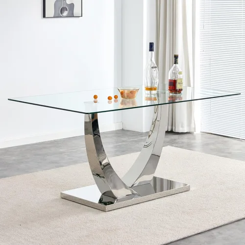 Miniatura 8 de Juego de mesa de comedor de vidrio de 63" para 4, juego de mesa de comedor moderno para 4, mesa de cocina y sillas de cuero PU, mesa de comedor