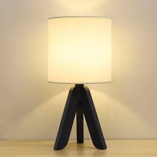 Miniatura 8 de HAITRAL Lámpara de Mesa de Trípode de Madera con Base Marrón, Pequeña Lámpara de Mesa Lámpara de Mesita de Noche con Pantalla de Tela de Lino