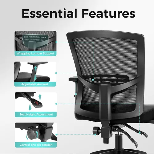 Miniatura 7 de ALPHA HOME Silla de oficina ergonómica, silla de computadora de malla con respaldo medio con soporte lumbar, taburete ejecutivo con reposabrazos