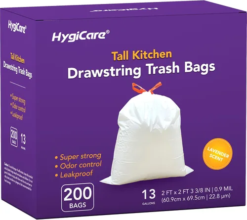 HygiCare Bolsas de basura de cocina de 13 galones de alto, con aroma a lavanda, 200 bolsas de basura con cordón, preseparadas, control de olores,