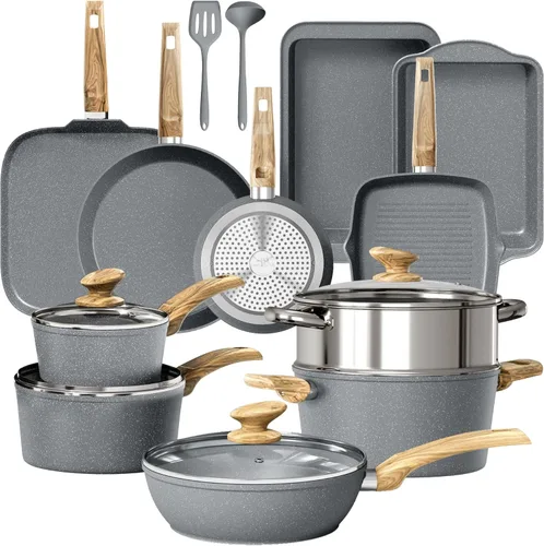 Miniatura 9 de DishDelight Juego de ollas y sartenes antiadherentes, 17 piezas de utensilios de cocina de granito con revestimiento de granito antiadherente, juego