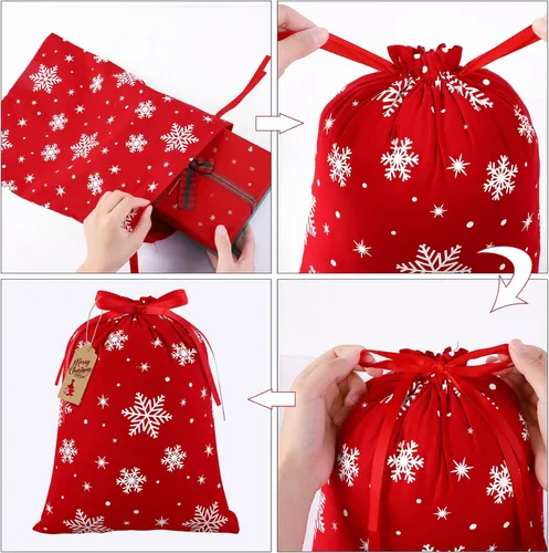 Miniatura 4 de MIMIND 6 bolsas de regalo de Navidad con cordón, tela de algodón rojo y blanco, bolsas de regalo de Navidad, bolsas reutilizables para fiestas