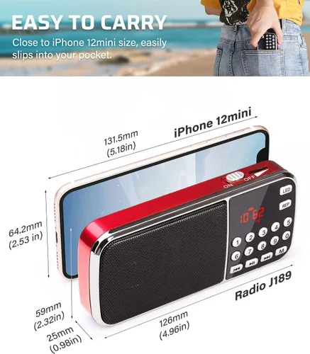 Miniatura 2 de PRUNUS J-189 Radio FM Bluetooth AM, pequeña radio portátil – altavoz dual graves pesados, linterna LED, tamaño de bolsillo, tarjeta TF USB AUX Rojo