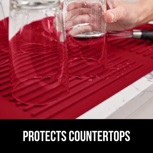 Miniatura 7 de GORILLA GRIP Tapete de secado de platos de silicona patentado 100% sin BPA para encimera de cocina, diseño acanalado para atrapar agua, fácil de Rojo