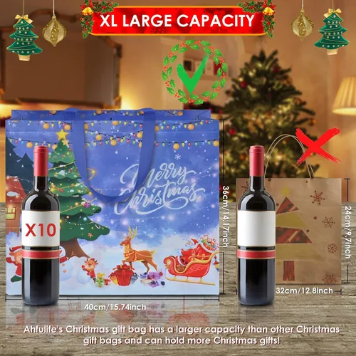 Miniatura 2 de AhfuLife 12 piezas bolsas de regalo de Navidad extra grandes, 15.7'' x 14.2'' x 5.9'', bolsas tipo tote de Navidad con asas, bolsa de compras A: 12