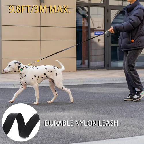 Miniatura 4 de JSXD Correa retráctil para perro de 360° sin enredos con freno con una sola mano, pausa, bloqueo, cinta de nailon resistente de 10 pies para Negro
