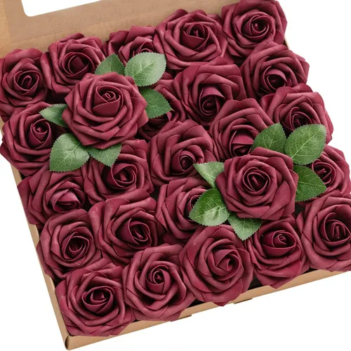 Ling's moment Flores artificiales, 50 piezas de rosas burdeos decorativas con tallos, 3 pulgadas de tacto real, espuma floral DIY para ramo de Rd-