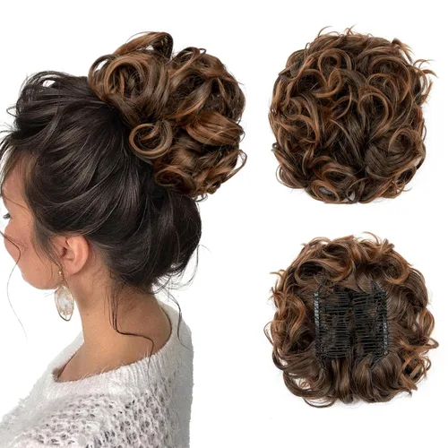 Miniatura 22 de Benehair Moño desordenado con peines con clip en moño de Juva, moño de Juva, esponjoso, ondulado, fácil de estirar, moño grande, cola de caballo