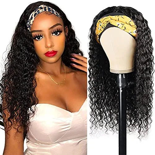 Miniatura 2 de Peluca de cabello humano con diadema de 20 pulgadas para mujer, cabello largo y rizado, peluca de onda profunda, color natural Peluca con diadema