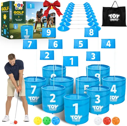 Miniatura 10 de TOY Life Juego de cubo de golf, juego de golf de 3 agujeros para adultos, familia y niños, campo de golf portátil con pelotas y bandera, juego