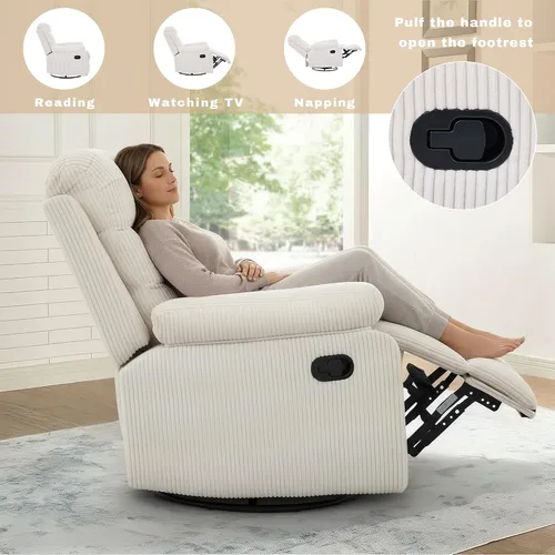 Miniatura 7 de Silla reclinable mecedora, moderna silla reclinable giratoria, sillón reclinable de tela de pana, sillón reclinable manual para sala de estar, Beige