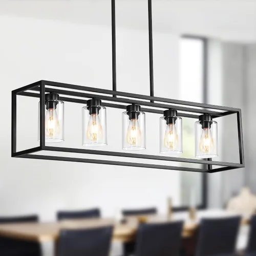 Miniatura 9 de Lámpara de comedor negra de 5 luces, candelabros modernos de granja, iluminación rectangular lineal para isla de cocina, iluminación colgante