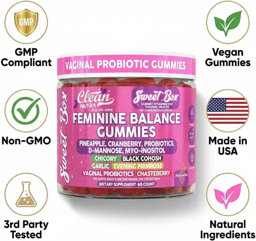 Miniatura 8 de Gomas de equilibrio femenino Clean Nutra para mujeres, piña, probióticos vaginales, balance de pH, arándano, D-manosa, suplemento de inositol