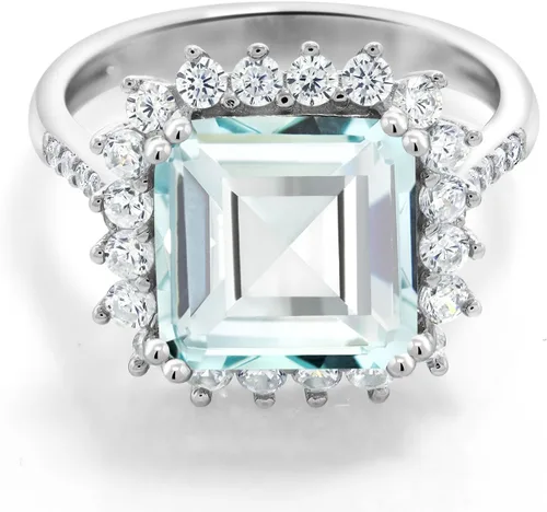 Gem Stone King Anillo de plata de ley 925 con aguamarina simulada azul cielo 4.83 qttw Anillo de corte octágono de 0.394 in para mujer Disponible