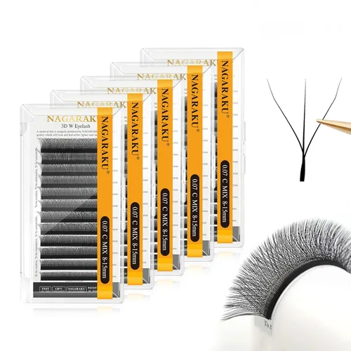 Miniatura 341 de NAGARAKU Extensiones de pestañas Double Tips 4D W, suministros con puntas dobles, gruesas con rizado D de 0.07 mm, bandeja mixta 8-15 mm, 0.07-D