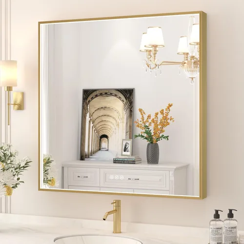 Miniatura 20 de Espejo de baño LED de 24x32 pulgadas con luces, espejo LED con marco de metal negro para baño, 3 colores y luz regulable sin escalones montada