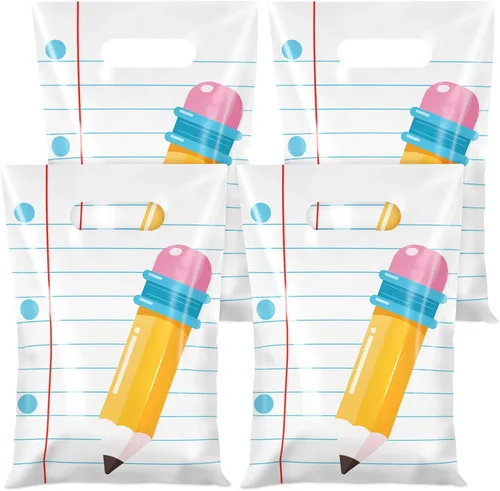50 Pieces Back to School Gift Bags with Handles Plastic Teacher Appreciation Candy Treat Bag Pencil Notebook Line Pattern Favor Bags for First Day