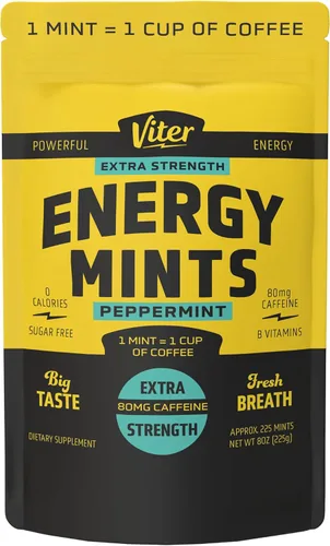 Viter Energy Mentas con cafeína extra fuertes, 80 mg de cafeína, vitaminas B, sin azúcar. (menta, 8 onzas, bolsa a granel)