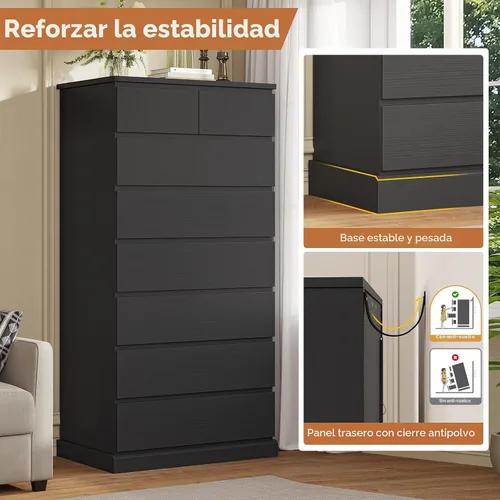 Miniatura 5 de DICTAC Cómoda Alta Negra para Dormitorio con 8 Cajones, Cómodas y Cajoneras Altas de 59.6", Organizador de Armario de Madera Moderno y Gabinete