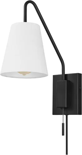 Globe Electric 65000043 Lámpara de pared de 1 luz enchufable o cableada, negro mate, pantalla de tela blanca, brazo oscilante, cable de 1.8 metros
