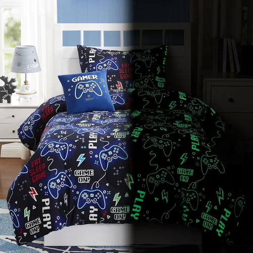Juego de edredón para niños Kaleido Space tamaño individual para niños, juego de ropa de cama para niños con luz en la oscuridad para jugadores, 1