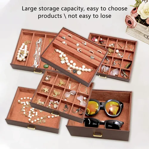 Miniatura 5 de AKOZLIN - Organizador de joyas grande de 6 niveles, con cerradura, funcional y enorme, con 5 cajones, de cuero, para mujeres y niñas, para anillos