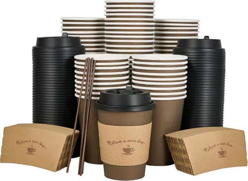 LITOPAK Paquete de 100 tazas de café de papel de 12 onzas con tapas, fundas y palitos de agitación para café, agua o jugo, tazas de papel 12 oz