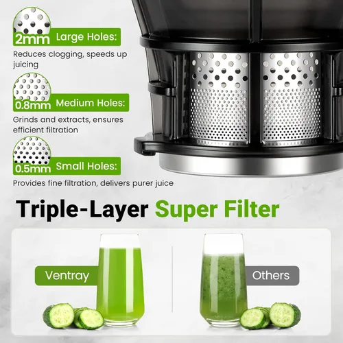 Miniatura 4 de Ventray Máquina exprimidora, exprimidor de prensa en frío con canal de alimentación extra grande de 5.1 pulgadas para verduras y frutas enteras, 250