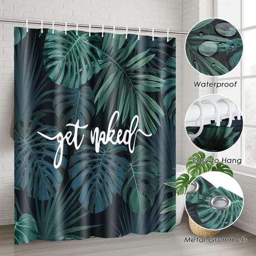 Miniatura 6 de Arttown Juego de baño verde con cortina de ducha y alfombras y accesorios, Palm Tree Beach Tropical Get Naked, decoración de baño verde, 4 piezas