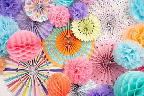 Miniatura 2 de PapaKit Juego de 26 piezas de decoración de fiesta multicolor de lujo, pompones de papel de seda vibrantes, bolas de panal y abanicos de papel