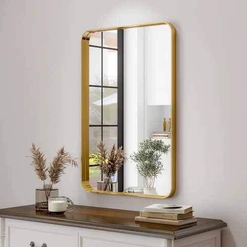 Miniatura 8 de Easly - Espejo de baño dorado de 30 x 22 pulgadas para pared, con marco de aleación de aluminio, espejo rectangular montado en la pared