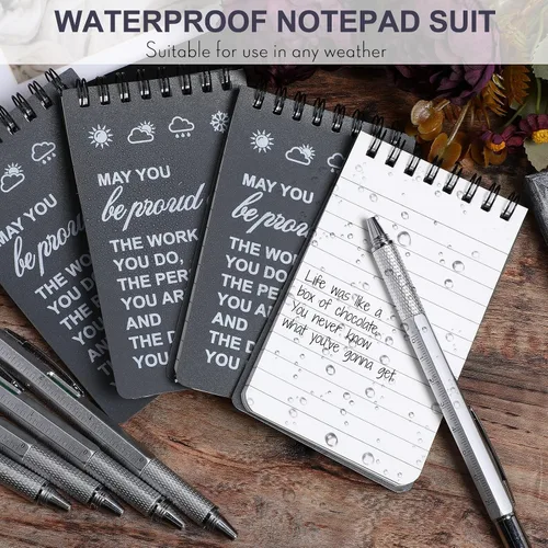 Miniatura 6 de Cuaderno impermeable de 24 piezas con juego de bolígrafos multiherramienta que incluye 3 x 5 bloc de notas de bolsillo en espiral superior y Gris