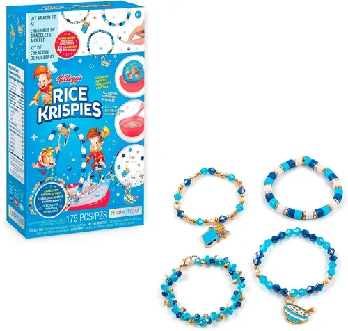 Make It Real: Kellogg's Cerealsly Cute - Rice Krispies - Kit de pulsera de bricolaje, 178 piezas, dijes de Snap-Crackle-Pop, crea 4 pulseras