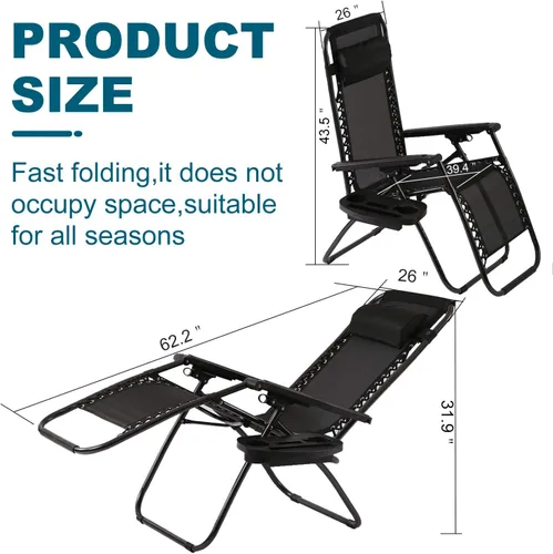 Miniatura 3 de HCY Sillas de gravedad cero para exteriores, sillas reclinables ajustables para exteriores, sillas de patio plegables con portavasos y almohadas