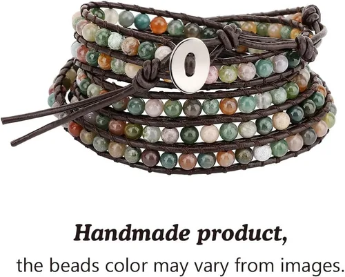 Miniatura 4 de Emibele - Pulsera de piel con capas, remache con estampado de leopardo, estilo bohemio, de capas múltiples, hecha a mano, con cuentas de cristal