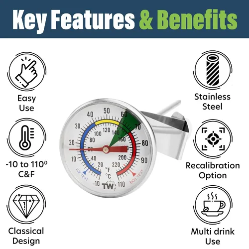 Miniatura 2 de Termómetro de leche para vaporizar leche - Ideal como termómetro de temperatura de café con sonda de acero inoxidable de 175 mm y clip para café