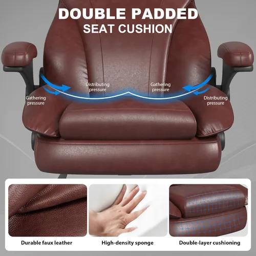 Miniatura 6 de Hovos Silla de oficina, ergonómica grande y alta silla de cuero de escritorio con brazos abatibles acolchados, bloqueo de inclinación ajustable