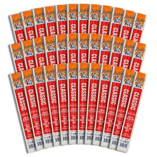 Archer Classic Beef Sticks – Palitos de carne alimentada con pasto envueltos individualmente, paquetes de bocadillos de cecina a granel, sin gluten,