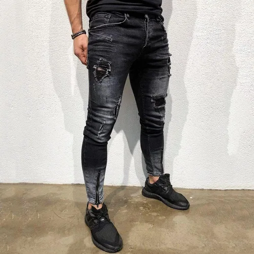 Miniatura 3 de Pantalones de entrenamiento con cremallera para hombre con bolsillo, pantalones de mezclilla elásticos ajustados para hombre, desgastados, rasgados