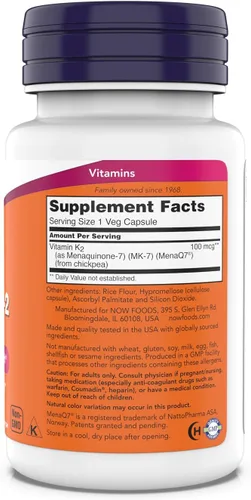 Miniatura 2 de Now Supplements, MK-7 Vitamina K-2 100 mcg, Apoyo Cardiovascular*, Apoya la salud ósea*, 180 cápsulas vegetales