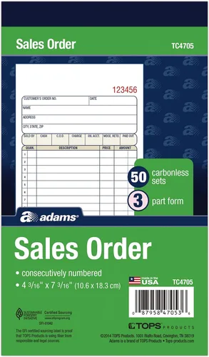 Adams – Libro de órdenes de venta, 3 partes, papel autocopiante, 4-3/16 pulgadas x 7-3/16 pulgadas, 50 juegos, blanco, amarillo y rosa (TC4705)