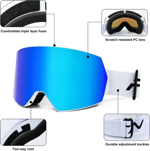 Miniatura 4 de FMY - Gafas de esquí para hombres, mujeres y jóvenes - Gafas de snowboard y esquí con protección antivaho UV400 para adultos Marco azul hielo
