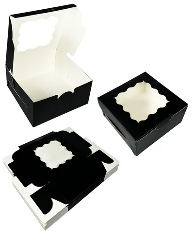 Miniatura 3 de Bakepacker 100 piezas Cajas Negras para Galletas 6x6x3 pulgadas Fácil Montaje Cajas de Pastelería Macarrones Cajas de Panadería con Ventana