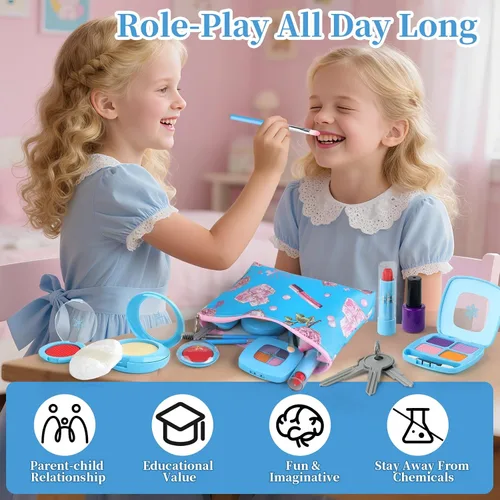 Miniatura 5 de Woumserta Kit de maquillaje de simulación para niños de 3 a 5 años, juego de maquillaje falso azul o beige para niñas pequeñas, regalos