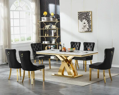 Miniatura 48 de Henf Juego de mesa de comedor de mármol sintético de 68 pulgadas para 6, juego de mesa de comedor de 7 piezas con 6 sillas copetudas de terciopelo