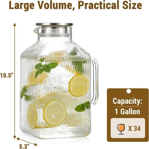 Miniatura 3 de Jarra de vidrio cuadrado grueso de 1 galón con tapa, jarras de agua clásicas a rayas para refrigerador, jarra de vidrio de borosilicato para bebidas