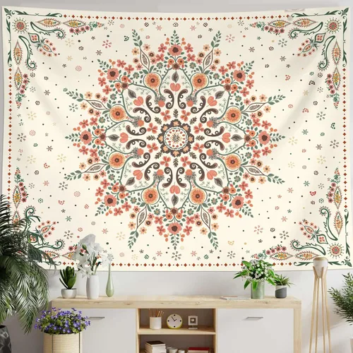 Miniatura 8 de Neasow Tapiz bohemio para colgar en la pared, tapiz floral beige y blanco con estampado de medallón, decoración bohemia para dormitorio, blanco